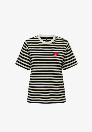 Koszulka w paski z czarno-białymi poziomymi paskami, krótki rękaw, okrągły dekolt, z logo czerwonego serca i napisem "THE VIB CLUB".