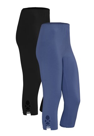 Sort og blå capri leggings lavet af elastisk stof. Egenskaber inkluderer en glat tekstur og krydsklipninger ved kanten.
