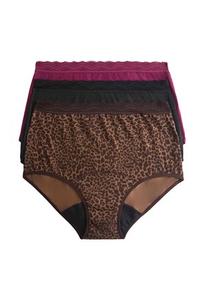 Tre høj taljede dameunderbukser stablet med blonder i taljebåndene; farverne er bordeaux, sort og brun leopardprint.