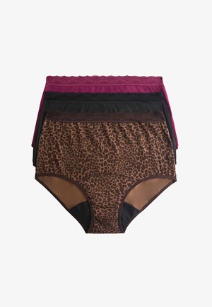Trois culottes femme taille haute empilées, avec des ceintures en dentelle ; les couleurs sont bordeaux, noir et imprimé léopard marron.