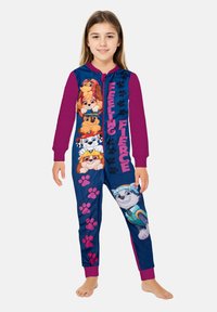 Body blu e viola con cani dei cartoni e la scritta "Feeling Fierce". Tessuto morbido, maniche lunghe e dettagli a impronta di zampa.