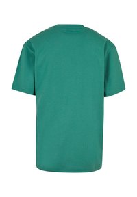 Tricou cu mânecă scurtă, de culoare teal solid, cu guler rotund, realizat din bumbac, având o textură netedă și un design drept la spate.