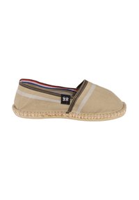Espadrille en toile beige avec semelle en jute tressée, présentant des rayures horizontales marron et blanches, et une doublure intérieure multicolore.
