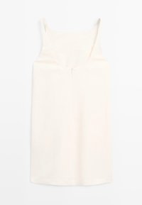 Robe sans manches crème avec un col rond, dotée d'une fermeture éclair centrale et d'un ourlet droit, fabriquée dans un tissu lisse et léger.