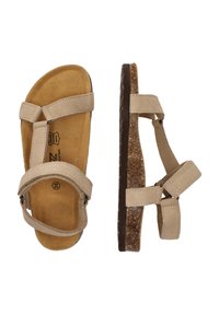 Brune ruskindssandaler med flere justerbare stropper, en kontureret korksål og en struktureret mørk ydersål. Enkel, flad design.