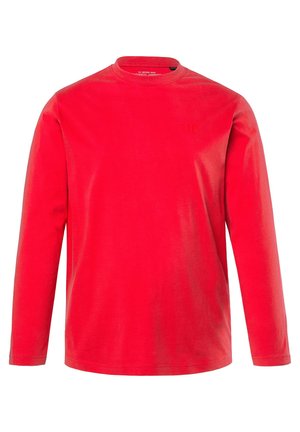 Rotes Langarm-T-Shirt aus Baumwolle mit Rundhalsausschnitt, gerader Säume und einem dezenten Logo in passender Farbe auf der Brust.