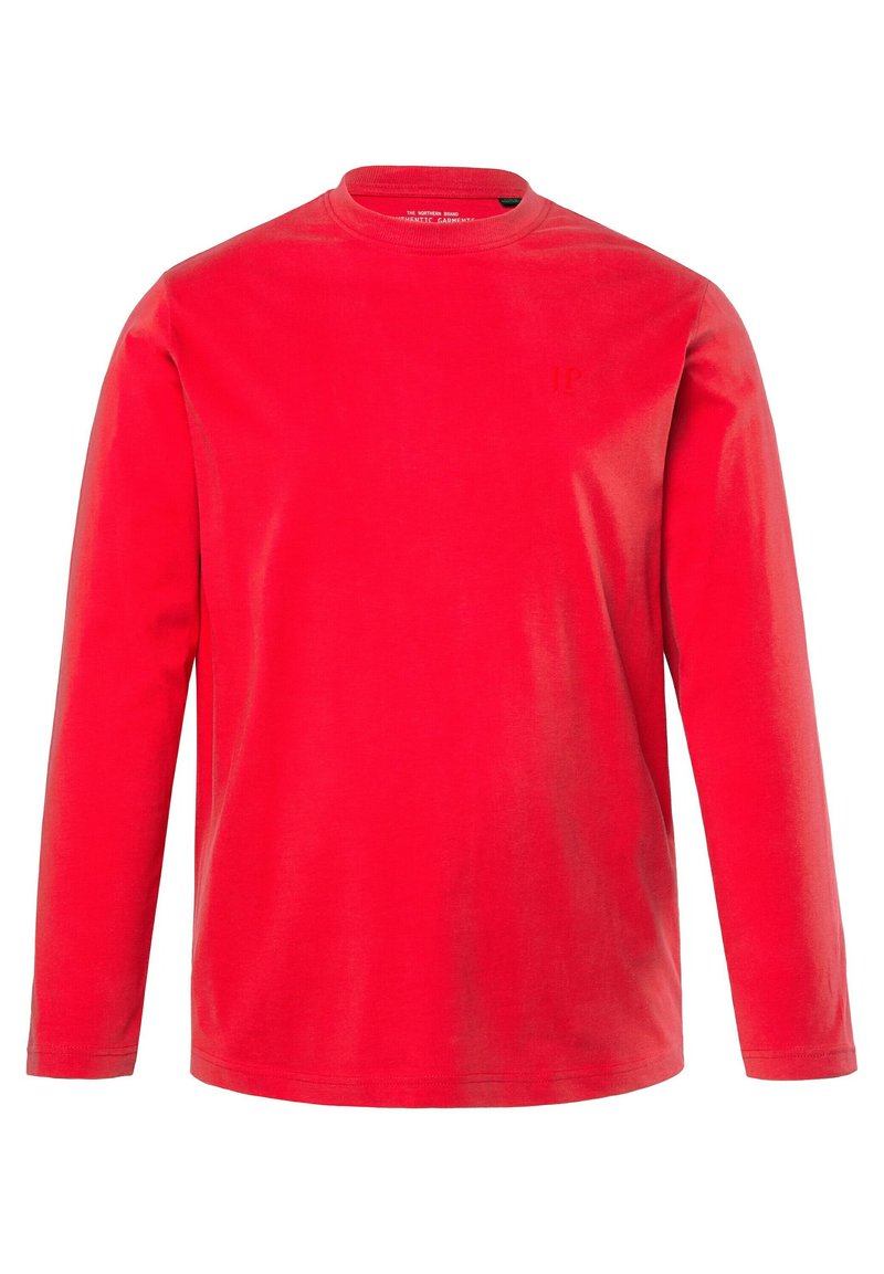 Rode langemouwen T-shirt gemaakt van katoen, met een ronde hals, rechte zoom en een subtiele logo in een bijpassende kleur op de borst.