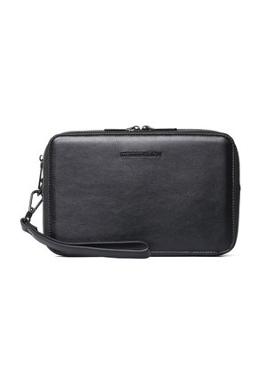 Pochette da polso in pelle nera con chiusura a zip e tracolla staccabile, con un logo discreto del marchio sul davanti.