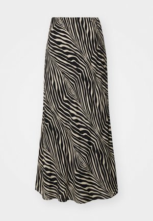 Mid-length skirt made of smooth fabric featuring a black and beige wavy striped pattern, flaring gently from the waist to the hem.