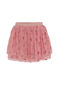 Pink tulle skirt with layered ruffles, elastic waistband, and scattered metallic bow patterns throughout. Soft texture, knee-length design.