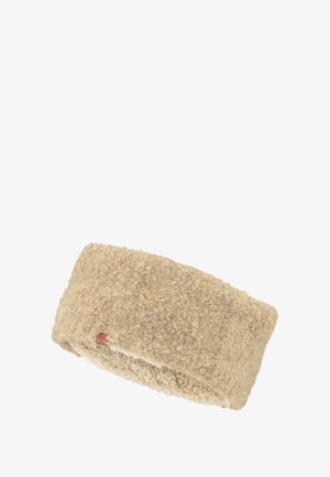 Beige fleece hoofdband met een zachte, gestructureerde oppervlakte. Dikke uitvoering, met een gladde, lichtcrème voering en een klein accentlabel.
