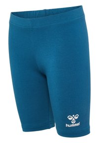 Turkosa sportshorts i mjukt material, med en åtsittande design och en vit logotyp på nederdelen fram. Elastisk midja.