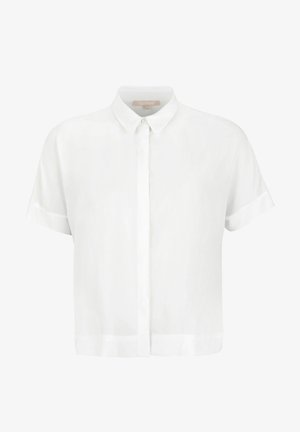 Valge lühikeste varrukatega kaelusega särk helesinises, sileda kangaga, millel on nööbid ees ja lühendatud disain sirge servaga.