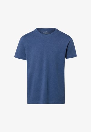 Schlichtes blaues T-Shirt mit kurzen Ärmeln und Rundhalsausschnitt, flach liegend präsentiert, mit sichtbarem Markenetikett im Kragen.