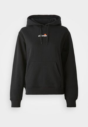 Sudadera negra con un bolsillo frontal, capucha con cordones y un pequeño logotipo colorido en el pecho. Fabricada con una tela suave y lisa con puños acanalados.