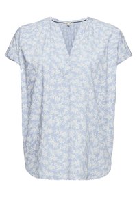 Blusa azzurra chiara con scollatura a V, maniche corte a cappuccio e motivo floreale bianco. Presenta pieghe sul colletto e una vestibilità ampia.