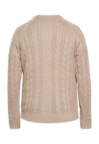 Beige kabelgebreid sweatshirt met gestructureerde patronen, ribbels bij de manchetten en onderkant, en een klassieke ronde hals. De achterkant toont een gedetailleerd breiselontwerp.