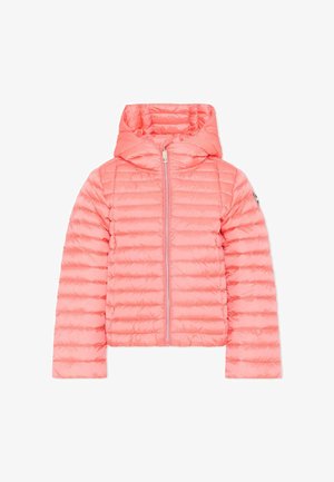 Veste matelassée légère à capuche rose avec quilting horizontal et fermeture éclair à l'avant, présentée à plat sur un fond blanc.