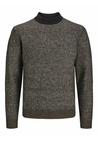 Jersey de punto en marrón oscuro con un acabado texturizado. Presenta un cuello de canalé negro y puños y dobladillo de canalé para un detalle adicional.