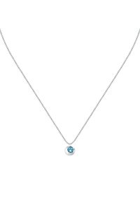 Collana in argento con un pendente rotondo ornato da un gemma azzurra. Il pendente è liscio e presenta una finitura lucida.