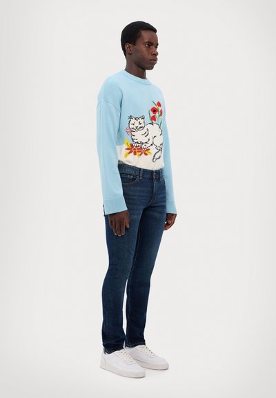 Lyseblå strikket sweater med katte- og blomsterdesign; parret med mørkeblå jeans og hvide sneakers. Glat tekstur, normal pasform.
