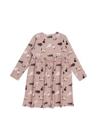 Langärmliges Kleid aus leicht pinkem Stoff mit verschiedenen Katzenillustrationen, gesmokt an der Taille und mit einem ausgestellten Rock.