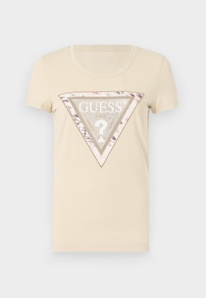 Beige Baumwoll-T-Shirt mit kurzen Ärmeln, ausgestattet mit einem dreieckigen grafischen Design in Metallic- und Tierdruck, umrandet mit Pailletten.