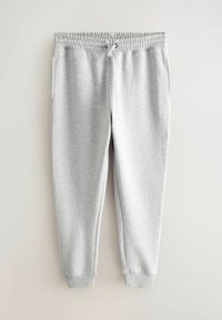 Pantalon de survêtement gris avec une taille élastiquée et un cordon de serrage, doté de poignets côtelés et d'une texture de tissu lisse et douce.