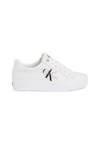 Baskets en cuir blanc avec bout arrondi et fermeture à lacets. Ornées du logo noir "Calvin Klein Jeans". Semelle épaisse en caoutchouc blanc.