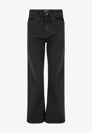 Schwarze weit geschnittene Jeans aus Denim-Stoff, mit einem klassischen Fünf-Taschen-Design, sichtbaren Nähten und einer Knopfleiste.