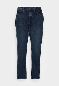 Dark blue denim jeans with a straight-leg design, featuring a button closure, belt loops, and two front pockets. Smooth texture.