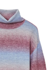 Strickpullover mit hohem Kragen, der ein Verlaufsmuster in Rot- und Blautönen aufweist und eine weiche Textur hat. Breite Ärmel mit abgerundeten Kanten.