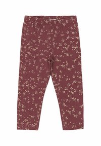 Bordeauxfarbene Leggings aus weichem, dehnbarem Material mit einem floralen Muster in hellem Beige. Elastischer Bund für Komfort.