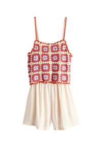 Combishort en dentelle au crochet, présentant un motif de carrés en fleurs multicolores avec des bordures orange et un bas léger de couleur crème.