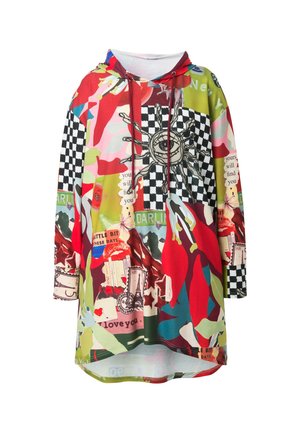 Felpa con cappuccio colorata realizzata in tessuto leggero. Presenta motivi misti tra cui scacchi, grafiche e testo in diversi colori.