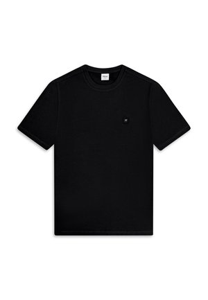 Black short-sleeved t-shirt made of cotton with a crew neckline and a small logo patch on the chest. Smooth texture, minimalist design.