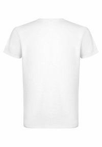 Camiseta de algodón blanca con mangas cortas, cuello redondo y espalda lisa. Textura suave sin patrones o diseños visibles.