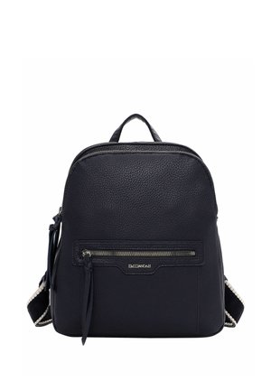 Musta nahkainen reppu, jossa on etutasku vetoketjulla, yläkahva ja säädettävät olkahihnat valkoisin reunuksin.