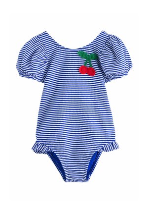 Gestreifter blauer Badeanzug mit Puffärmeln, gerafften Kanten und bestickten roten Kirschen auf der Vorderseite. Weicher Baumwollstoff.