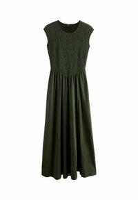 Ciemnozielona sukienka z marszczoną górą i krótkimi rękawami. Suknia o płynącym kroju z delikatną fakturą i luźnym fasonie, długość do kolan.