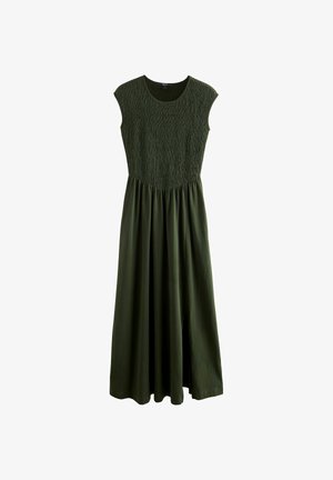 Dunkelgrünes Kleid mit gerafftem Oberteil und kurzen Ärmeln. Fließender Rock mit feiner Textur und lockerem Sitz, knielang.