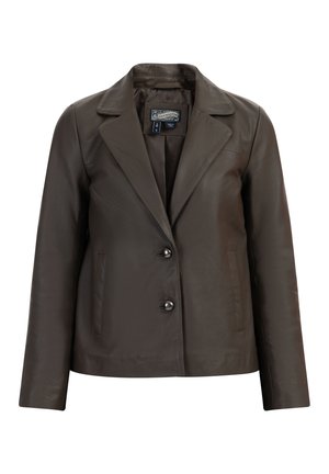 Brown leather blazer with a notched collar, two front pockets, and two buttons. Smooth texture with a fitted design.