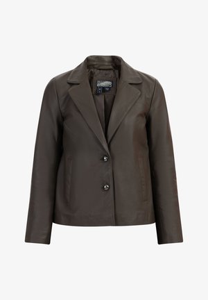 Brown leather blazer with a notched collar, two front pockets, and two buttons. Smooth texture with a fitted design.