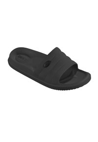 Black silhouette slide sandal with textured, wide straps, a rounded toe, and a patterned sole for grip. Features a circular logo accent.