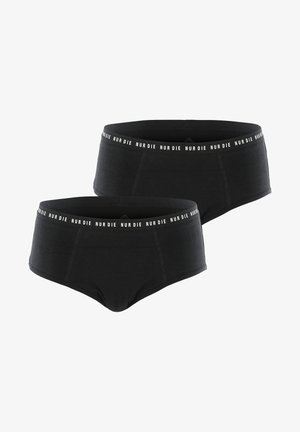 Sort bomuldsunderbukser med en bred elastisk talje, der har teksten "NUR DIE." Glat tekstur og et klassisk brief-design.