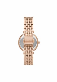 Michael Kors Uhr mit einem Roségold-Metallband, rundem Gehäuse und klarem Zifferblatt. Verfügt über einen Verschluss und eine glatte Textur. Minimalistisches Design.