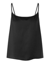 Black camisole top with spaghetti straps, made of smooth, lightweight fabric; features a straight, loose fit and rounded hem.