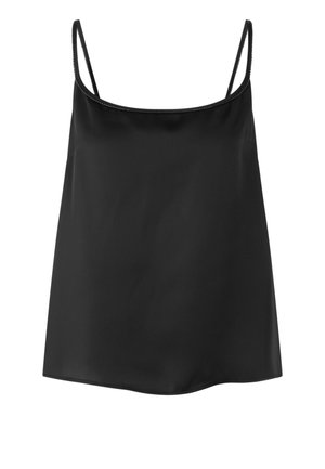 Schwarzes Camisole-Top mit Spaghettiträgern, aus glattem, leichtem Stoff gefertigt; zeichnet sich durch eine gerade, lockere Passform und einen abgerundeten Saum aus.