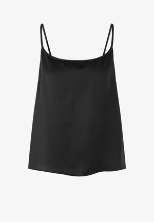 Black camisole top with spaghetti straps, made of smooth, lightweight fabric; features a straight, loose fit and rounded hem.