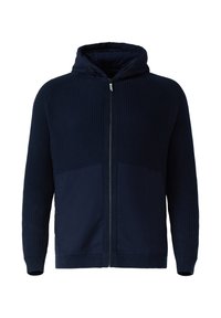 Granatowa bluza z kapturem na zamek błyskawiczny, z dzianinowymi ściągaczami na rękawach i górnej części ciała, przednie kieszenie z zatrzaskami oraz regulowany kaptur ze sznurkiem.